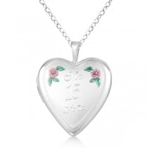Heart Shape Photo Locket Quinceanera Pendant w/ Flower Sterling Silver