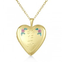 Heart Shape Photo Locket Quinceanera Pendant w/ Flower Gold Vermeil