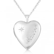 Sterling Silver "Believe" Heart Diamond Locket Necklace (0.01ct)