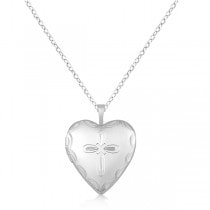 Heart Shaped Photo Locket Necklace w/ Cross Design Sterling Silver