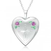 Heart Shaped Cross & Flower Pendant Locket Sterling Silver
