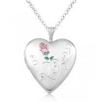 Heart Locket Pendant Flower & Quinceanera Design Sterling Silver