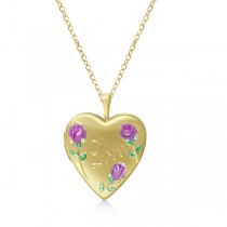 Flower Design Heart Locket Necklace w/ Love Engraving Gold Over Silver