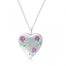 Flower Design Heart Locket Necklace w/ Love Engraving Sterling Silver