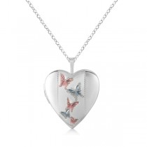 Heart Shaped Butterfly Design Pendant Locket Necklace Sterling Silver