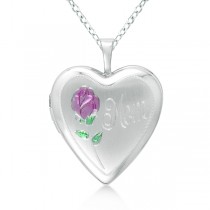 Heart Shaped Mom Engraved Pendant w/ Flower Locket Sterling Silver