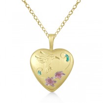 Engraved Heart Shaped Locket Necklace Flower & Bird Gold Vermeil