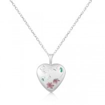 Engraved Heart Shaped Locket Necklace Flower & Bird Sterling Silver