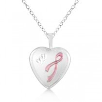 Breast Cancer Ribbon Design Heart Pendant Locket Sterling Silver