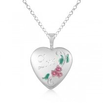 Love Engraving Photo Locket Pendant w/ Flower Pattern Sterling Silver