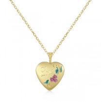 Love Engraving Photo Locket Pendant w/ Flower Pattern Gold Vermeil