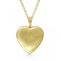 Heart Shaped Teddy Bear Engraved Pendant Locket Gold Vermeil