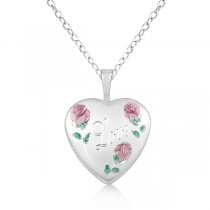 Flower Design Heart Locket Necklace w/ Love Engraving Sterling Silver