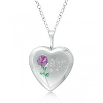 Heart Shaped Flower Pendant Locket w/ Mom Engraving Sterling Silver