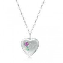 Heart Shaped Flower Pendant Locket w/ Mom Engraving Sterling Silver