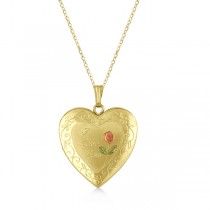 Hand Engraved I Love You Heart & Flower Pendant Locket Gold Vermeil
