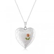Hand Engraved I Love You Heart & Flower Pendant Locket Sterling Silver