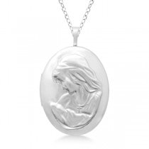 Oval Mother & Child Hand Engraved Locket Necklace Sterling Silver