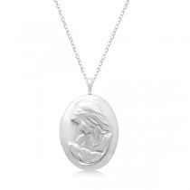 Oval Mother & Child Hand Engraved Locket Necklace Sterling Silver