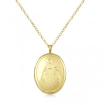 Oval Locket Pendant Necklace Hand Engraved Virgin Mary Gold Vermeil