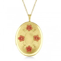 Hand Engraved Oval Flower Pendant Necklace Locket w/ Gold Vermeil