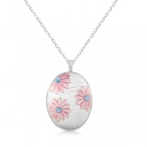 Oval Photo Locket Pendant w/ Flower Design & Circles Sterling Silver