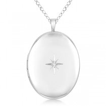 Large Sterling Silver Oval-Shaped Diamond Locket Necklace (0.01ct.)