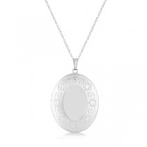 Oval Necklace Pendant Locket w/ Flower Engraving Sterling Silver