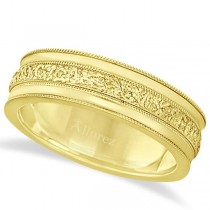 Carved Men's Wedding Ring Diamond Cut Band 14k Yellow Gold (7 mm)