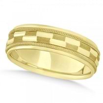 Carved Checkered Wedding Band Plain Metal 14k Yellow Gold 7mm