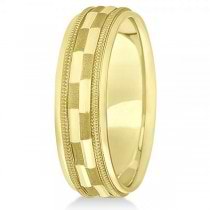 Carved Checkered Wedding Band Plain Metal 14k Yellow Gold 7mm