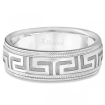 Men's Greek Key Wedding Ring with Milgrain Edges 14k White Gold (7mm)