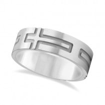 Mens Carved Wedding Ring Band Cross Shape Design 14k White Gold (7mm)