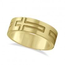 Mens Carved Wedding Ring Band Cross Shape Design 14k Yellow Gold (7mm)