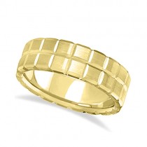 Men's Carved Square Station Wedding Ring Band 14k Yellow Gold (8mm)