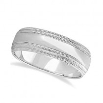 Mens Shiny Double Milgrain Wedding Ring Wide Band 14k White Gold (7mm)