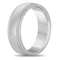 Mens Shiny Double Milgrain Wedding Ring Wide Band 14k White Gold (7mm)