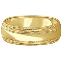 Mens Shiny Double Milgrain Wedding Ring Wide Band 14k Yellow Gold (7mm)