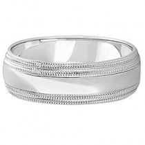 Mens Shiny Double Milgrain Wedding Ring Wide Band 18k White Gold (7mm)