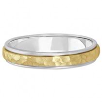 Satin Hammered Finished Carved Wedding Ring Band 14k Two-Tone Gold (4mm)