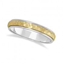 Satin Hammered Finished Carved Wedding Ring Band 18k Two-Tone Gold (4mm)