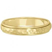 Satin Hammered Finished Carved Wedding Ring Band 18k Yellow Gold (4mm)