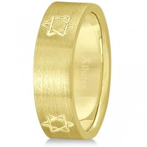 Jewish Star of David Mens Carved Wedding Ring Band 14k Yellow Gold (7mm)