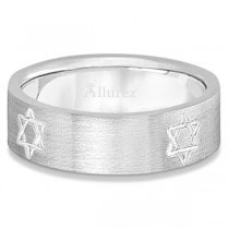 Jewish Star of David Mens Carved Wedding Ring Band 18k White Gold (7mm)