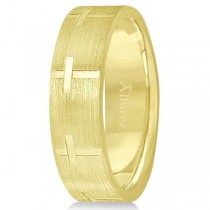 Carved Wedding Band With Crosses in 14k Yellow Gold (7mm)