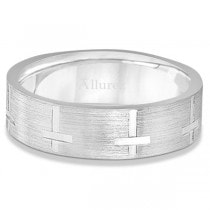 Carved Wedding Band With Crosses in 18k White Gold (7mm)