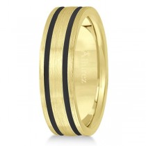 Men's Diamond-Carved Satin Wedding Ring Wide Band 14k Yellow Gold 7mm