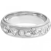 Hand Engraved Floral Wedding Ring in 18k White Gold (6mm)