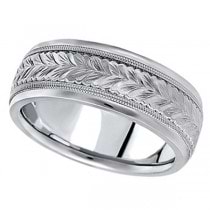 Hand Engraved Wedding Band Carved Ring in 14k White Gold (6.5mm)