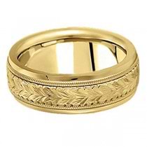 Hand Engraved Wedding Band Carved Ring in 14k Yellow Gold (6.5mm)